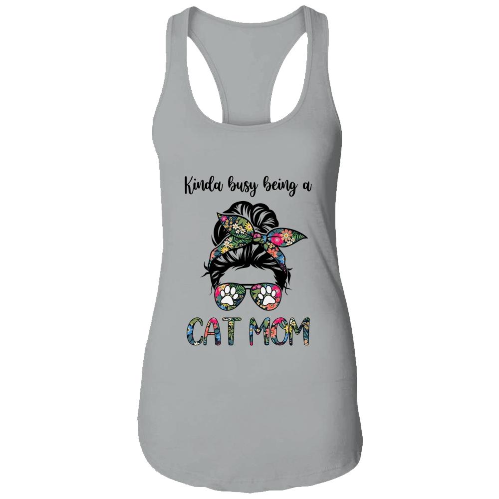 Kinda busy being a Cat Mom Messy Bun Life Hair Glasses-T-Shirt & Tank Top-Women's Ideal Racerback Tank-Heather Grey