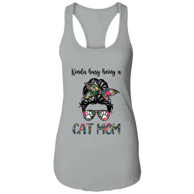 Kinda busy being a Cat Mom Messy Bun Life Hair Glasses-T-Shirt & Tank Top-Women's Ideal Racerback Tank-Heather Grey