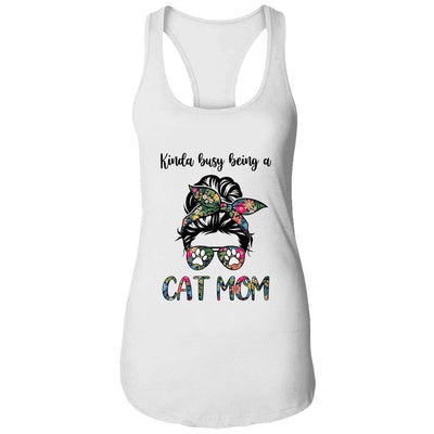 Kinda busy being a Cat Mom Messy Bun Life Hair Glasses-T-Shirt & Tank Top-Women's Ideal Racerback Tank-White