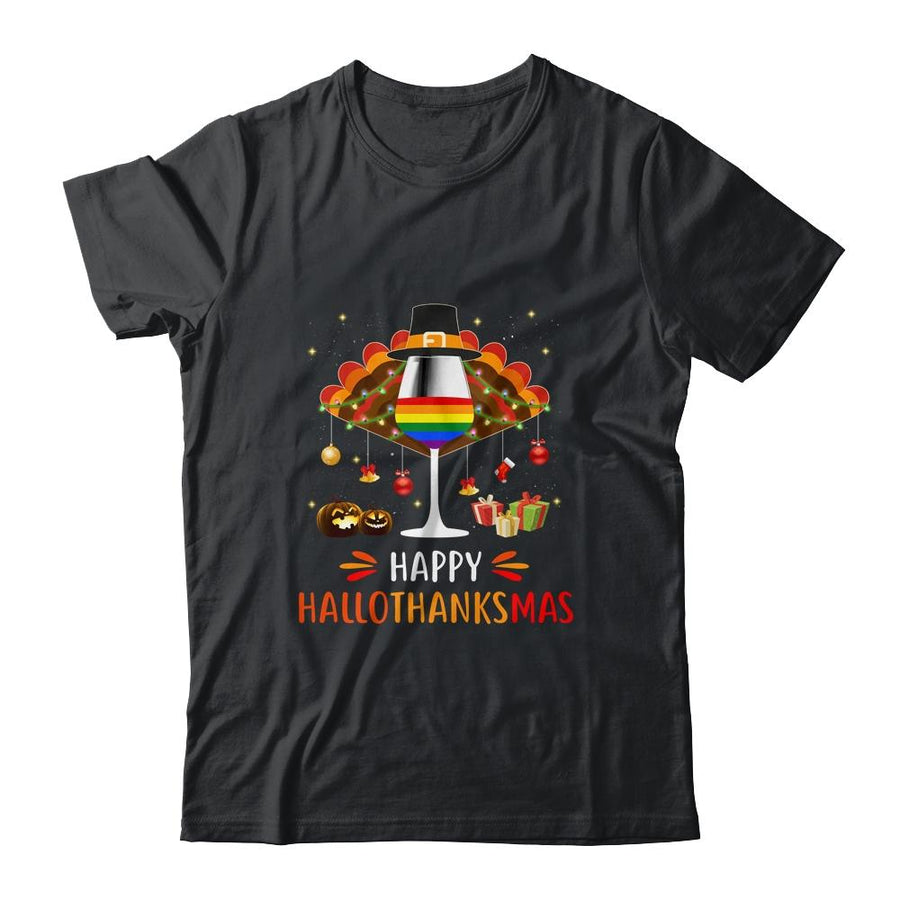 LGBT Happy HalloThanksmas Halloween Thanksgiving Wine Turkey-T-Shirt & Tank Top-Classic T-Shirt-Black