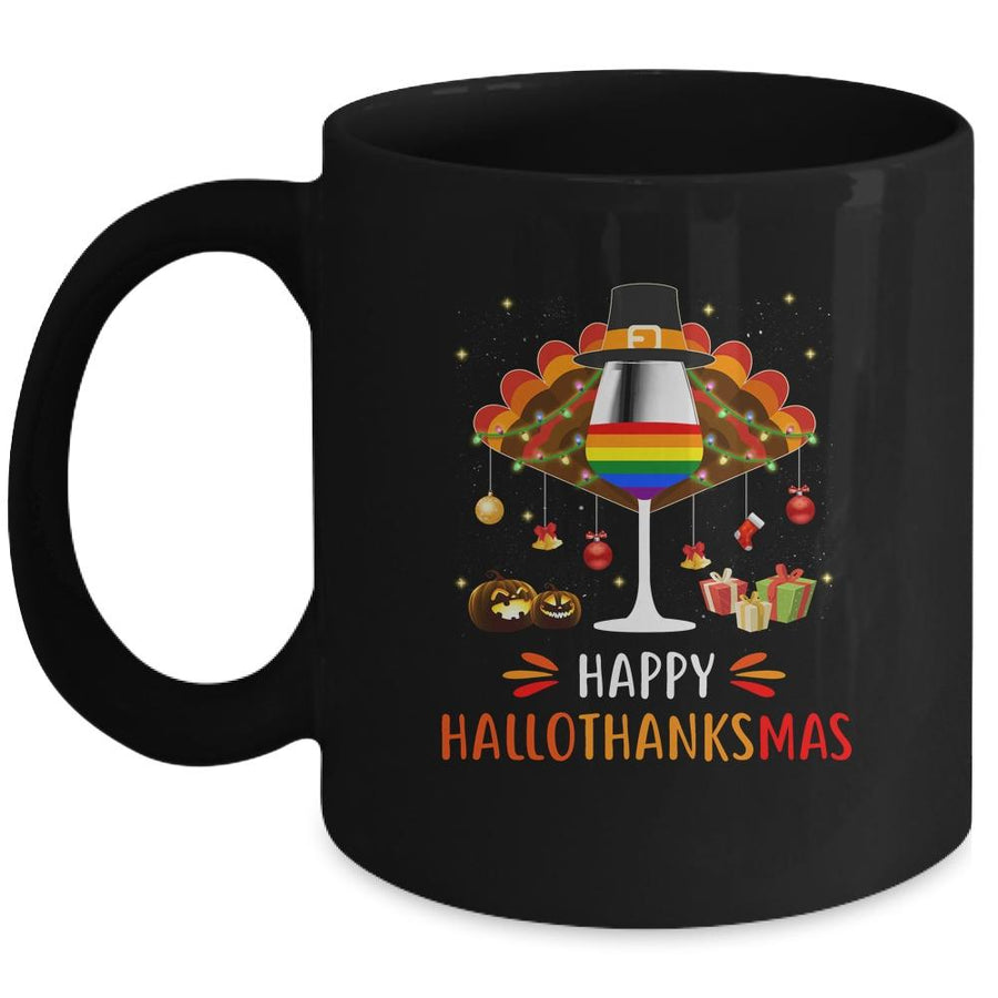 LGBT Happy HalloThanksmas Halloween Thanksgiving Wine Turkey Mug-Coffee Mug-Mug-Black