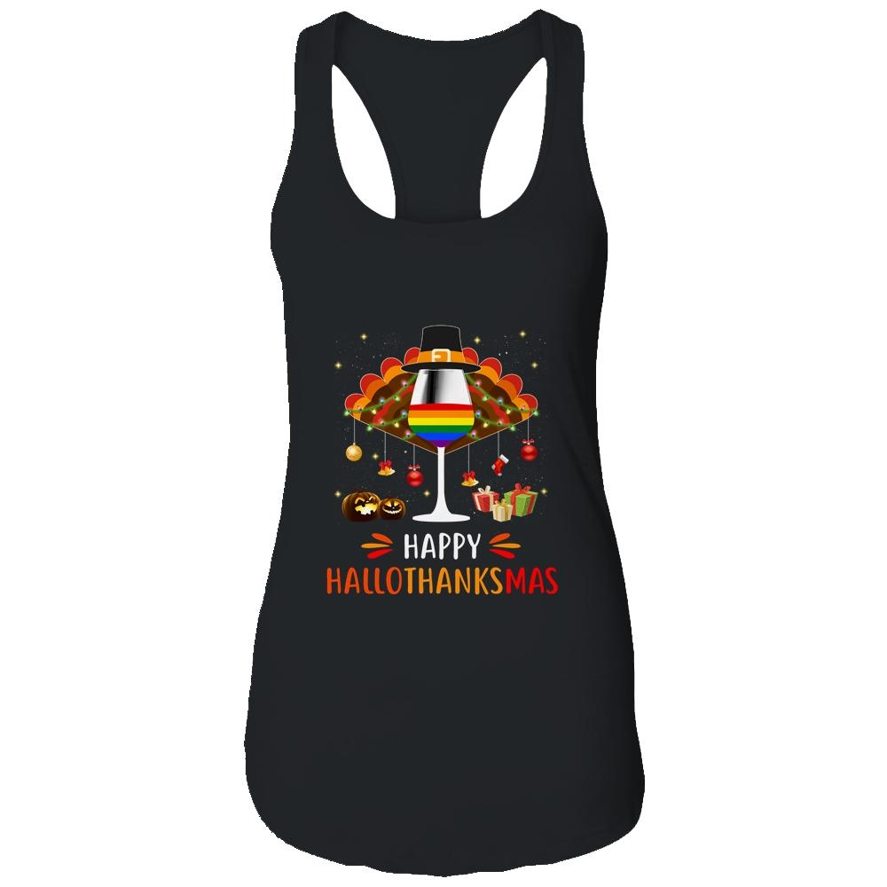 LGBT Happy HalloThanksmas Halloween Thanksgiving Wine Turkey-T-Shirt & Tank Top-Women's Ideal Racerback Tank-Black