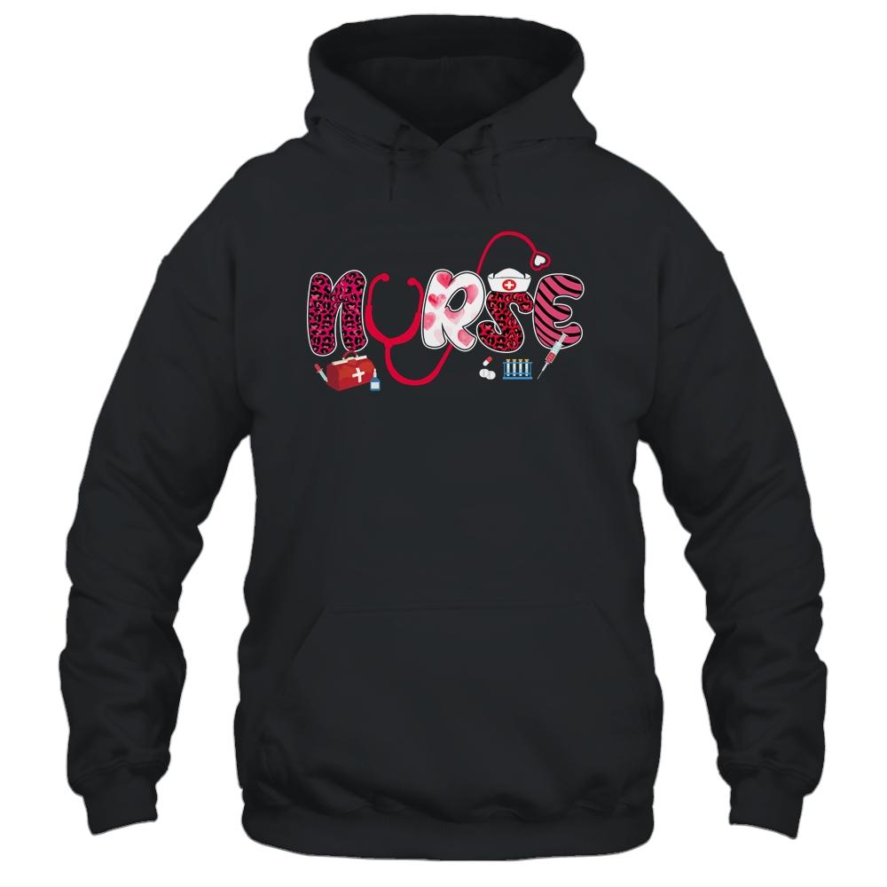 Leopard Love Stethoscope Nurse Life Valentines Day Gift-T-Shirt & Tank Top-Pullover Hoodie-Black
