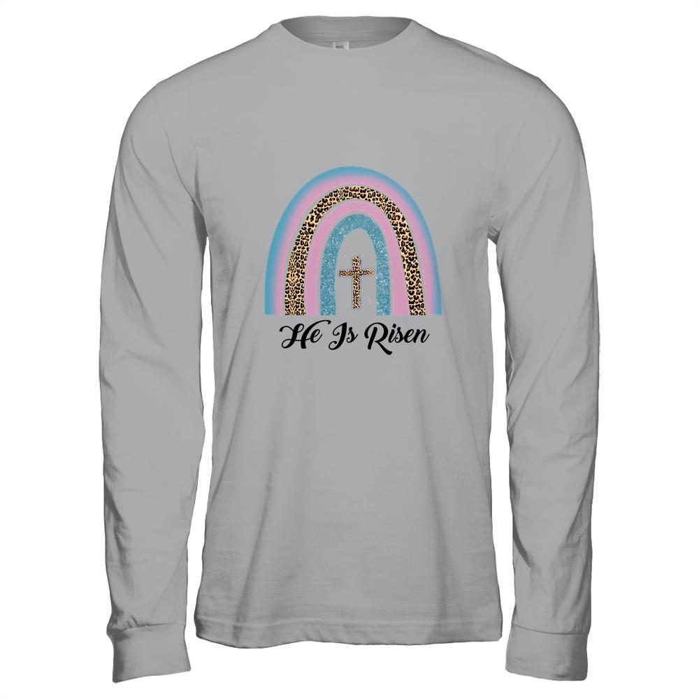 Leopard Rainbow Christian Jesus Happy Easter Day-T-Shirt & Hoodie-Long Sleeve T-Shirt-Sport Grey