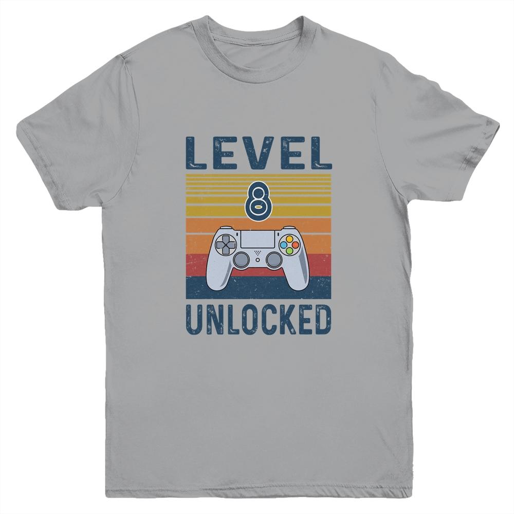 Level 8 Unlocked Video Gamer 8th Birthday Gifts Youth-Youth Shirt-Youth T-Shirt-Sport Grey