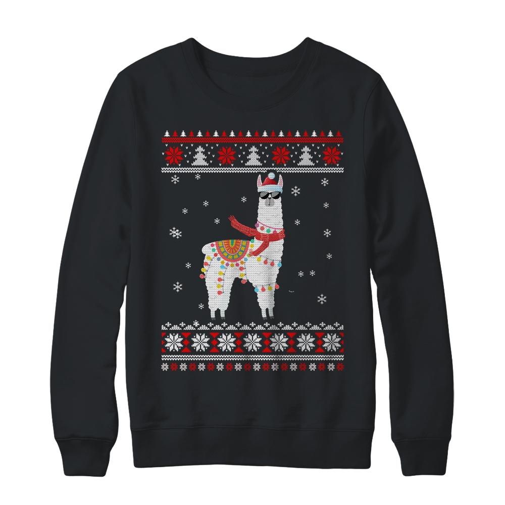 Llama Alpaca Christmas Tree Funny Ugly Christmas Sweater-T-Shirt & Sweatshirt-Crewneck Sweatshirt-Black
