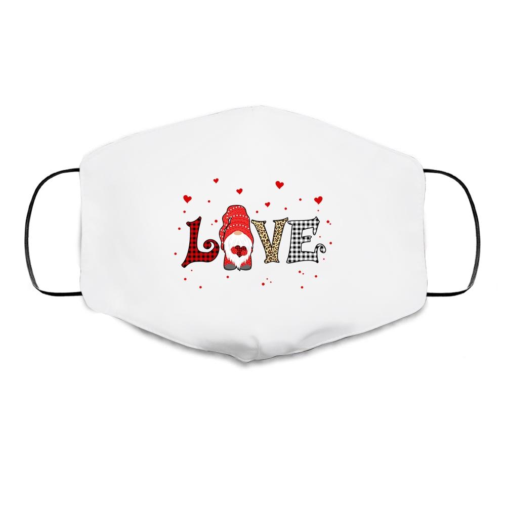 Love Gnome Valentines Day Heart Buffalo Plaid Leopard Gift Cloth Face Mask-Cloth Face Mask-Cloth Face Mask-White
