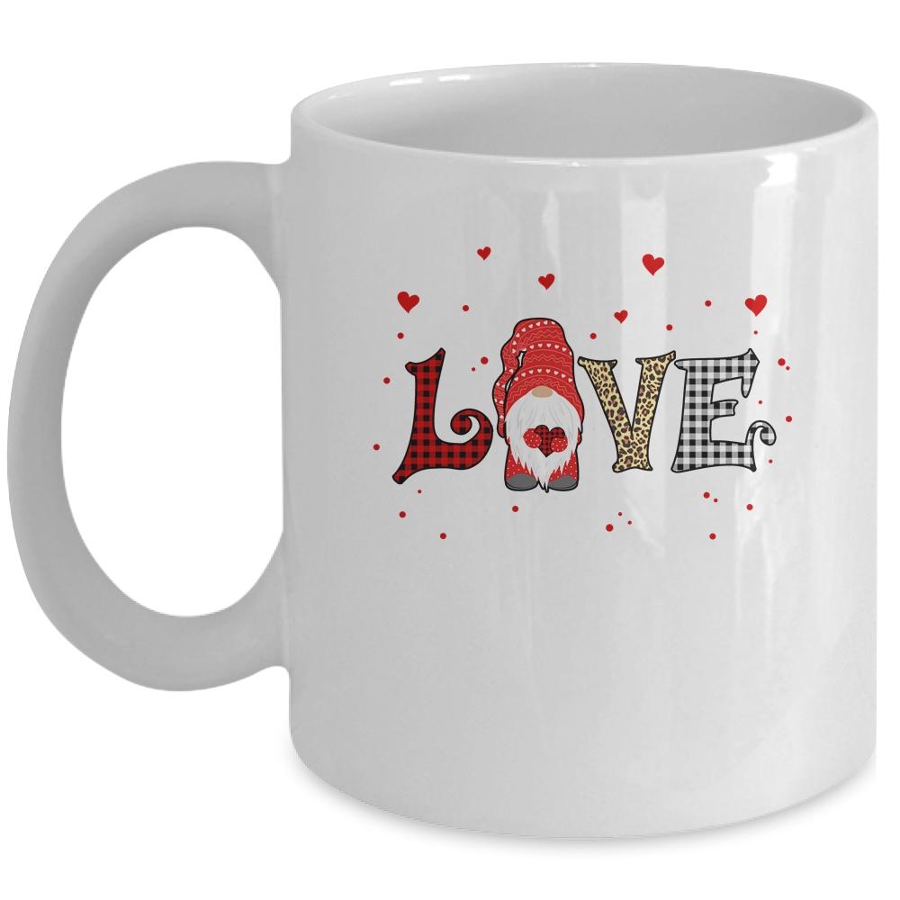 Love Gnome Valentines Day Heart Buffalo Plaid Leopard Gift Mug-Coffee Mug-Mug-White