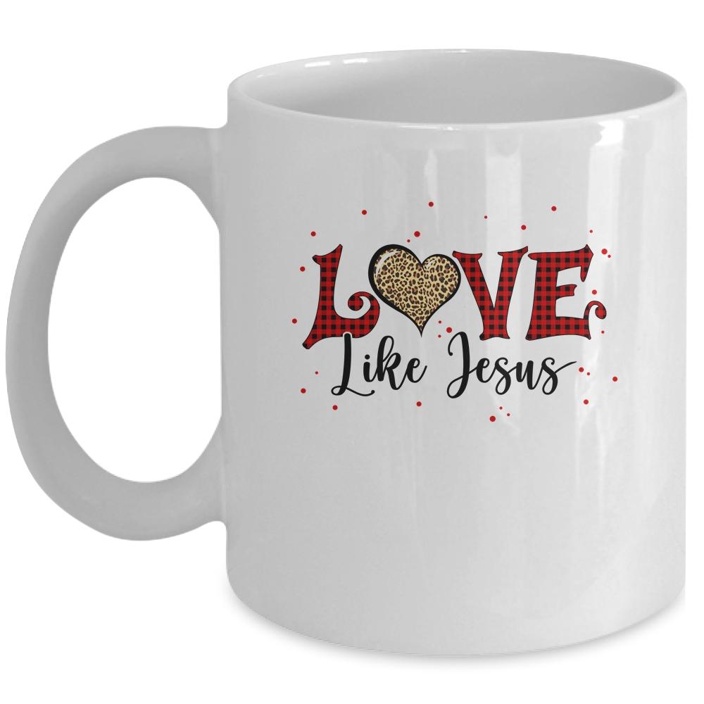Love Like Jesus Buffalo Plaid Leopard Valentine Heart Mug-Coffee Mug-Mug-White