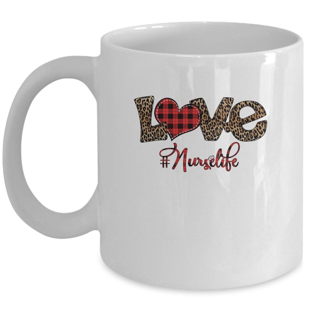 Love Nurse Life Leopard Plaid Nursing Lovers Valentines Gift Mug-Coffee Mug-Mug-White