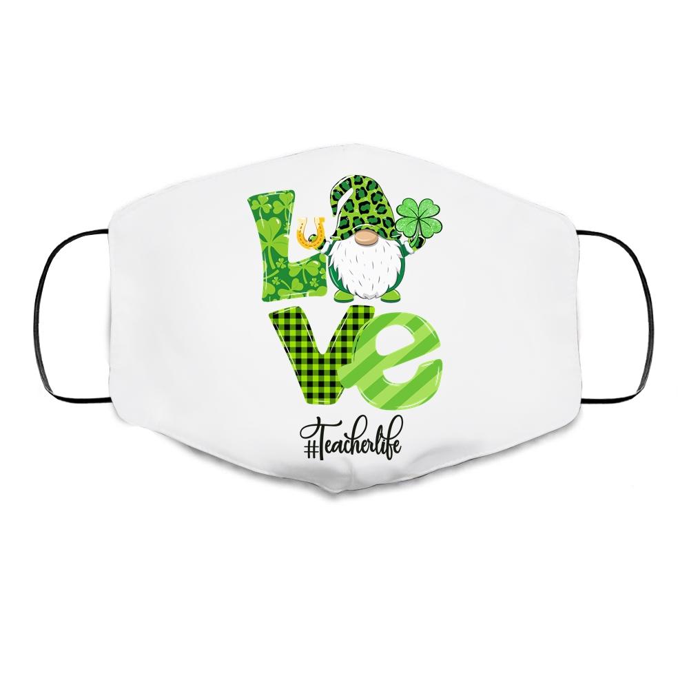 Love Teacher Life Gnome Leopard Shamrock St Patrick's Day Cloth Face Mask-Cloth Face Mask-Cloth Face Mask-White