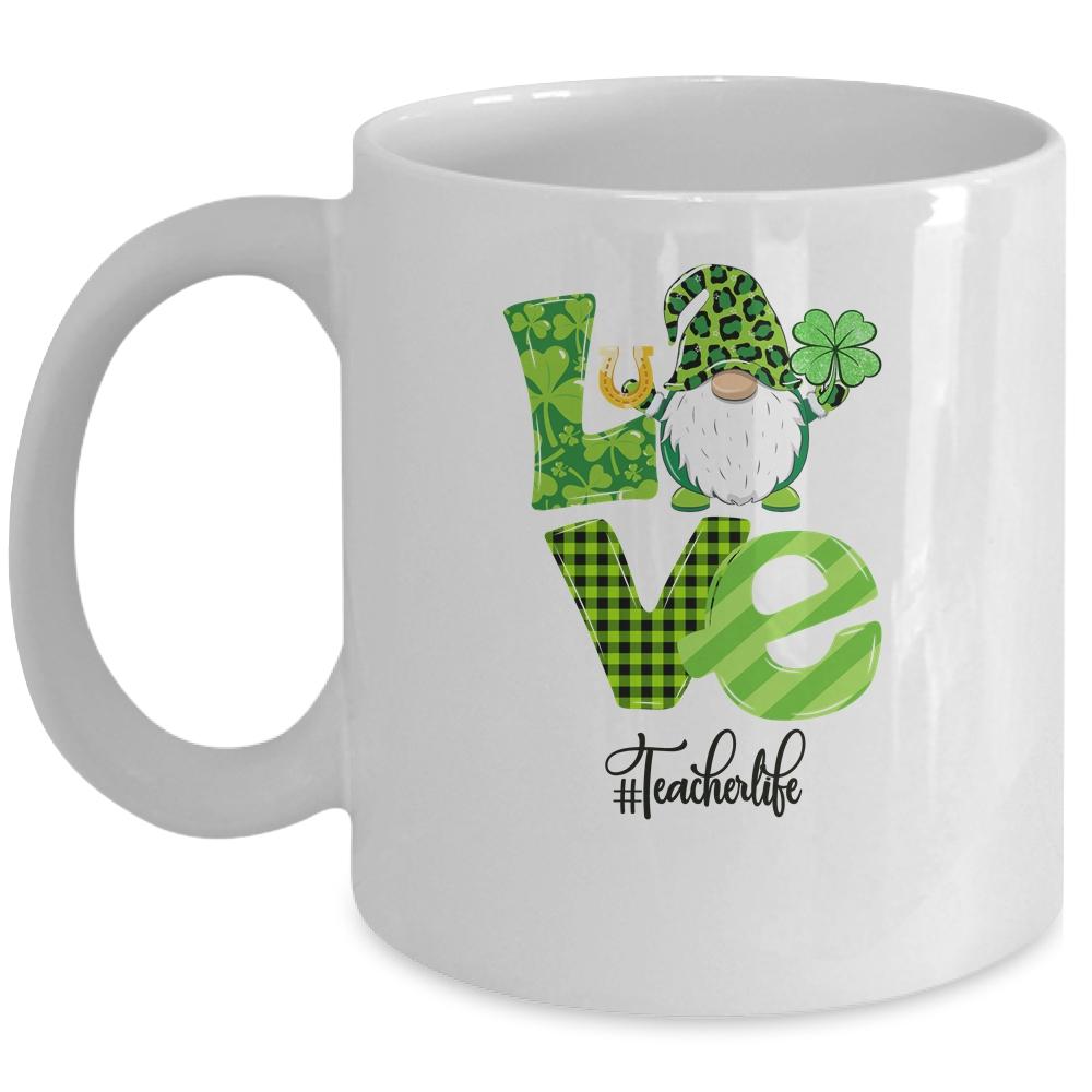 Love Teacher Life Gnome Leopard Shamrock St Patrick's Day Mug-Coffee Mug-Mug-White