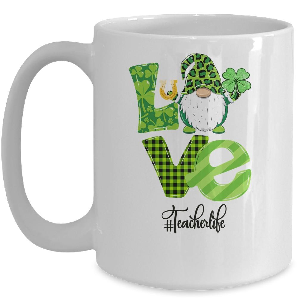 Love Teacher Life Gnome Leopard Shamrock St Patrick's Day Mug-Coffee Mug-Mug-White