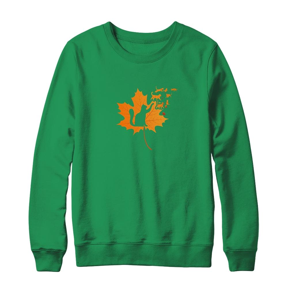 Maple Cat Leaf Fall Hello Autumn Funny Cat Kitten Lover-T-Shirt & Sweatshirt-Crewneck Sweatshirt-Irish Green