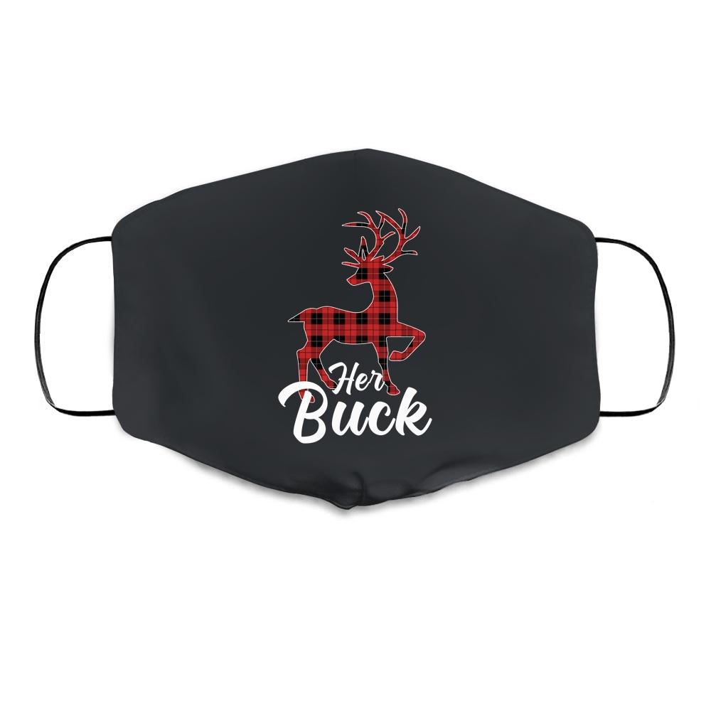 Matching Couples Christmas Pajamas Buffalo Plaid Her Buck Cloth Face Mask-Cloth Face Mask-Cloth Face Mask-Black