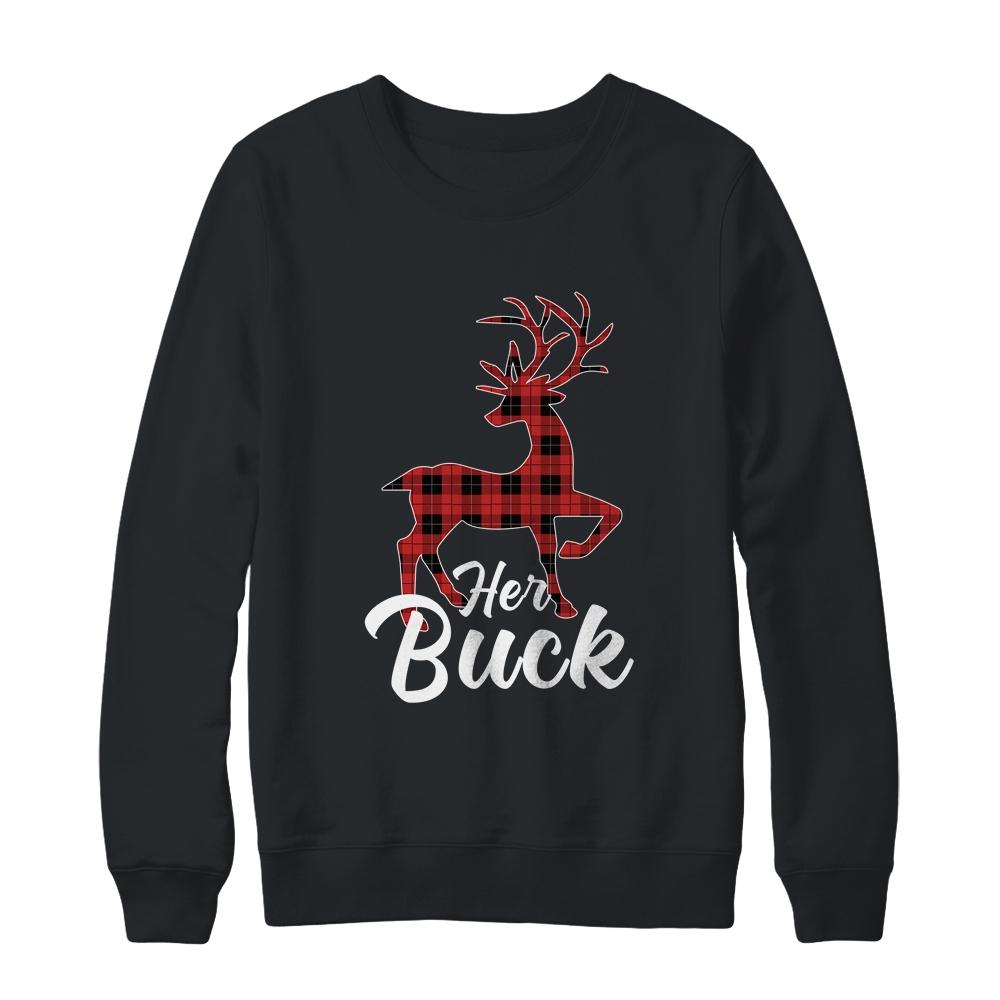Matching Couples Christmas Pajamas Buffalo Plaid Her Buck-T-Shirt & Sweatshirt-Crewneck Sweatshirt-Black