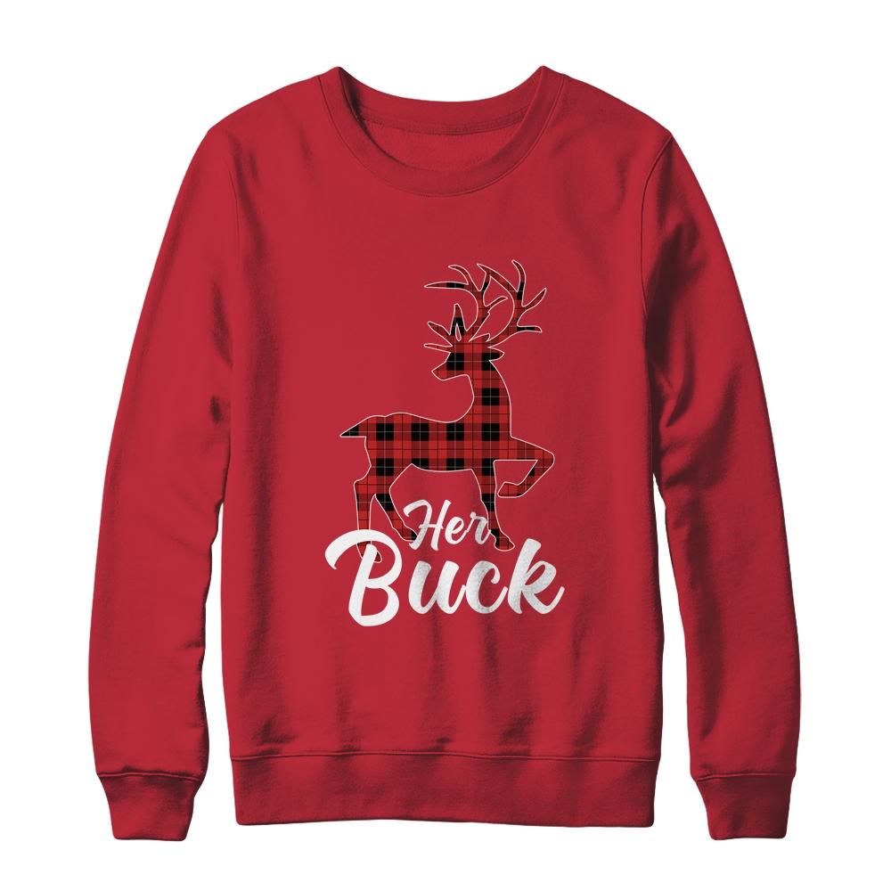 Matching Couples Christmas Pajamas Buffalo Plaid Her Buck-T-Shirt & Sweatshirt-Crewneck Sweatshirt-Red