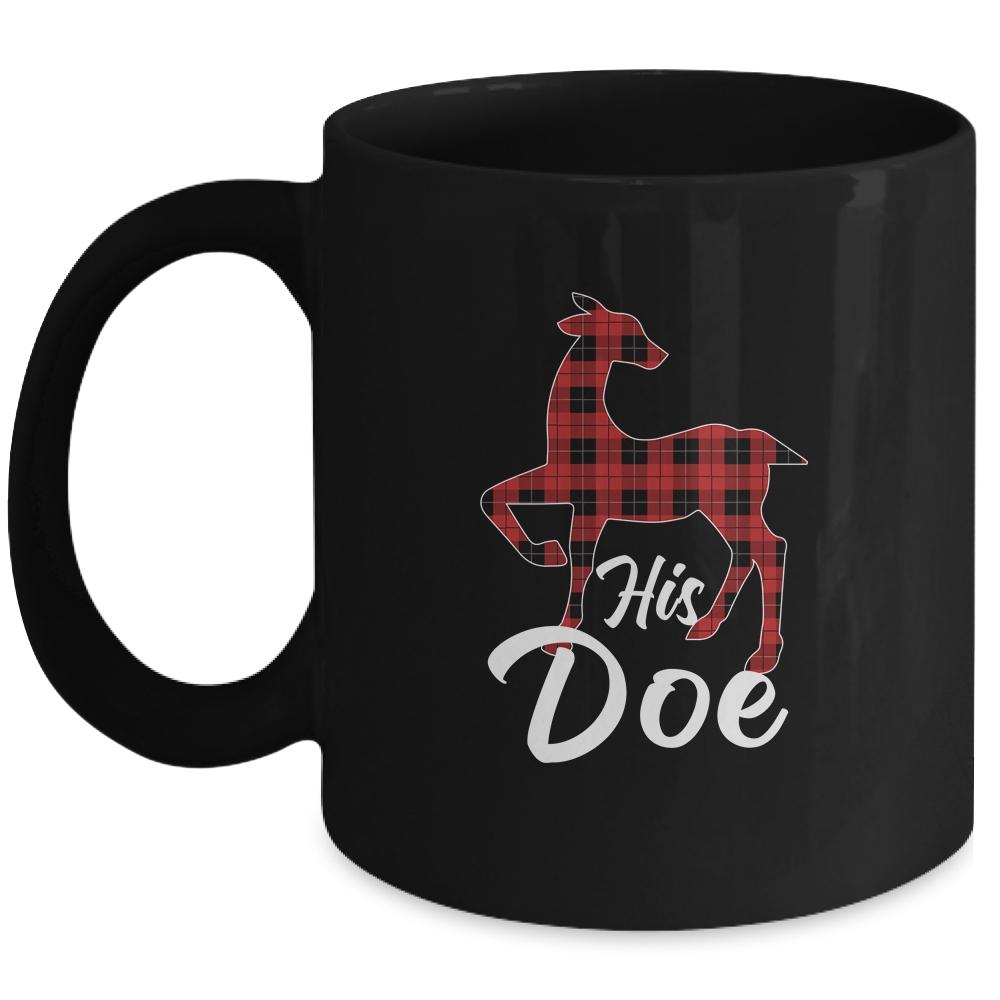 Matching Couples Christmas Pajamas Buffalo Plaid His Doe Mug-Coffee Mug-Mug-Black