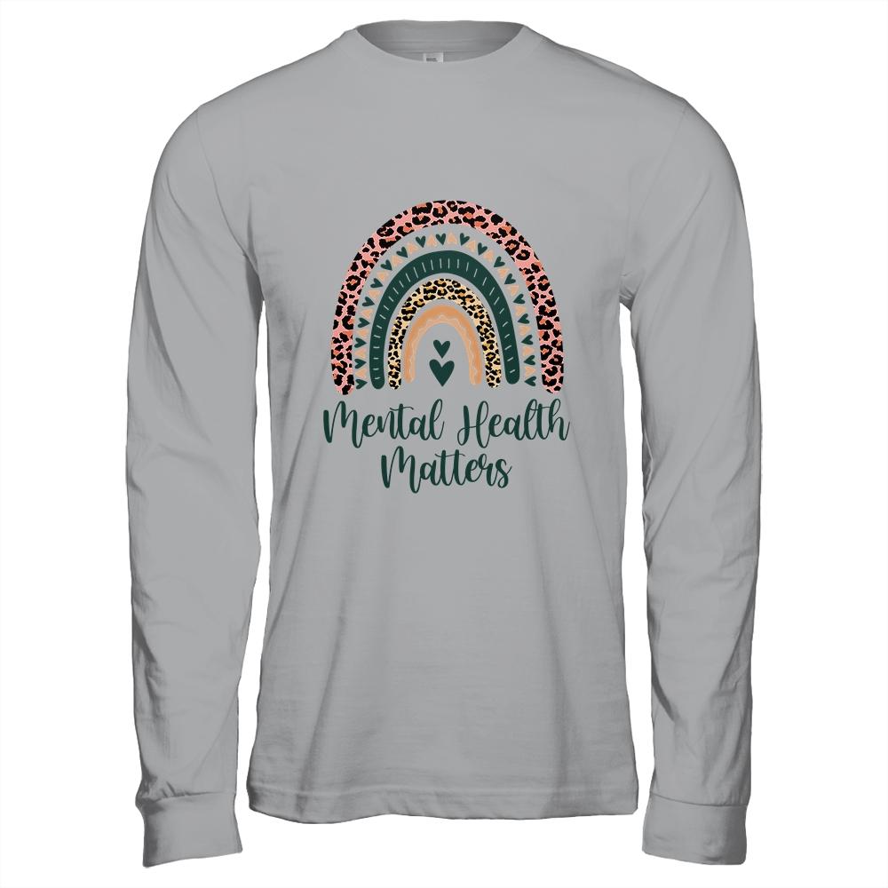 Mental Health Matters Leopard Print Boho Rainbow Awareness-T-Shirt & Hoodie-Long Sleeve T-Shirt-Sport Grey
