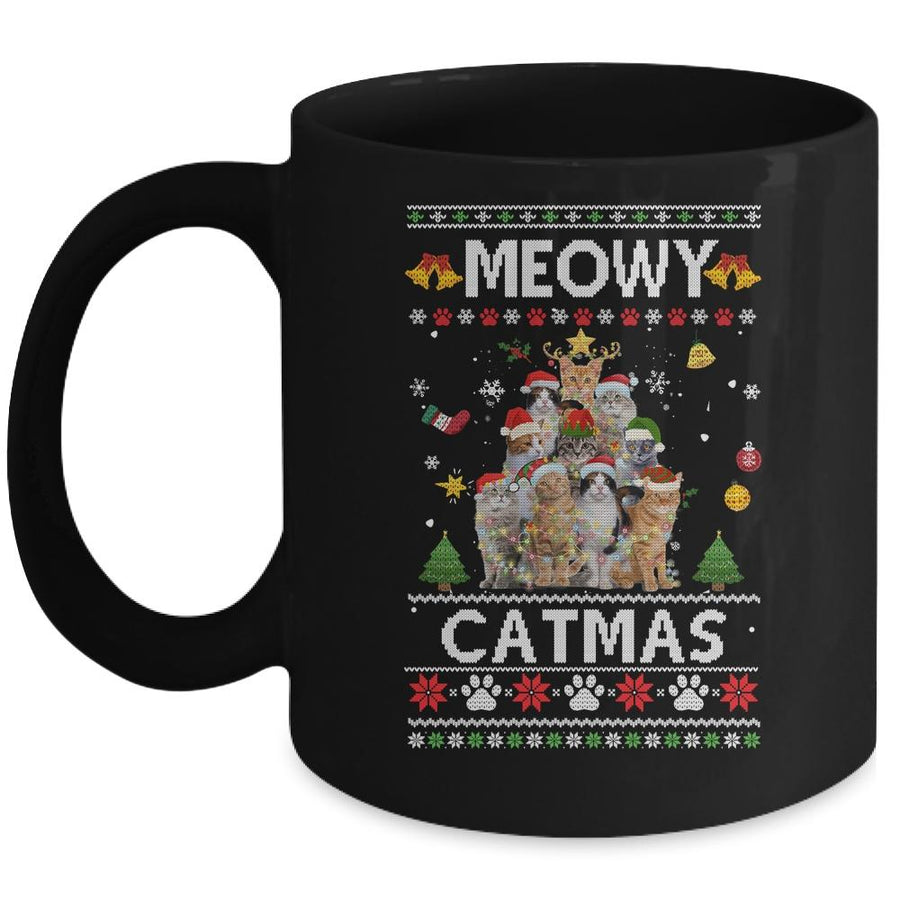 Meowy Catmas Ugly Christmas Tree Funny Xmas Cat Sweater Gift Mug-Coffee Mug-Mug-Black