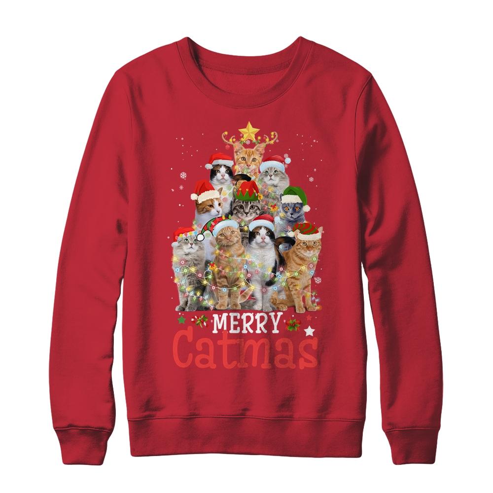 Merry Catmas Xmas Gift Funny Cat Christmas Tree-T-Shirt & Sweatshirt-Crewneck Sweatshirt-Red