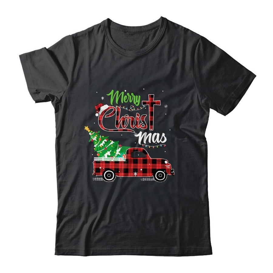 Merry Christmas Buffalo Plaid Red Truck Christian Cross Xmas-T-Shirt & Sweatshirt-Classic T-Shirt-Black