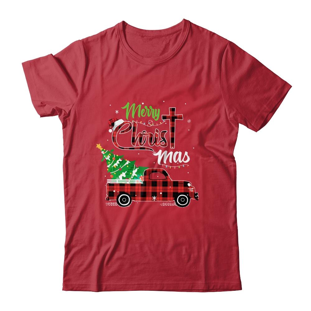 Merry Christmas Buffalo Plaid Red Truck Christian Cross Xmas-T-Shirt & Sweatshirt-Classic T-Shirt-Red