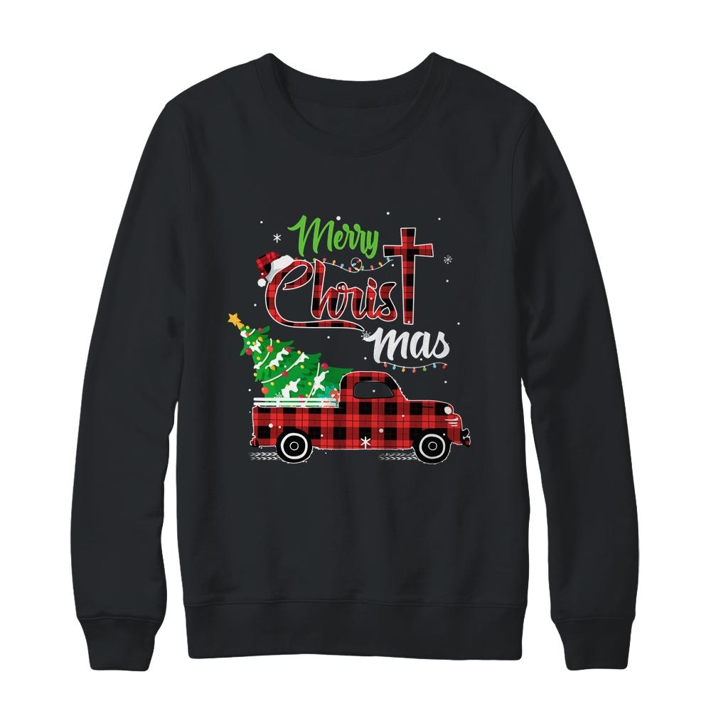 Merry Christmas Buffalo Plaid Red Truck Christian Cross Xmas-T-Shirt & Sweatshirt-Crewneck Sweatshirt-Black