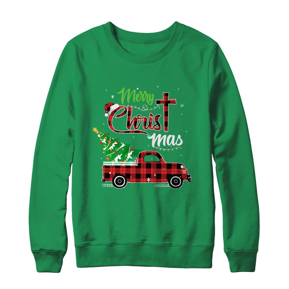 Merry Christmas Buffalo Plaid Red Truck Christian Cross Xmas-T-Shirt & Sweatshirt-Crewneck Sweatshirt-Irish Green