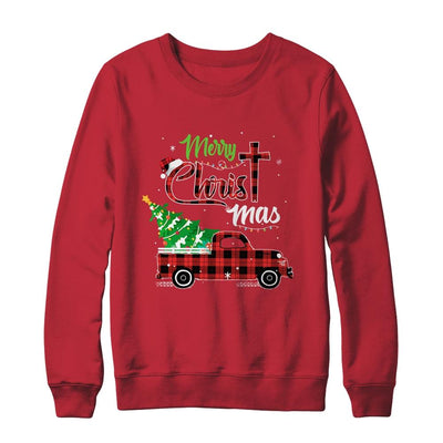 Merry Christmas Buffalo Plaid Red Truck Christian Cross Xmas-T-Shirt & Sweatshirt-Crewneck Sweatshirt-Red