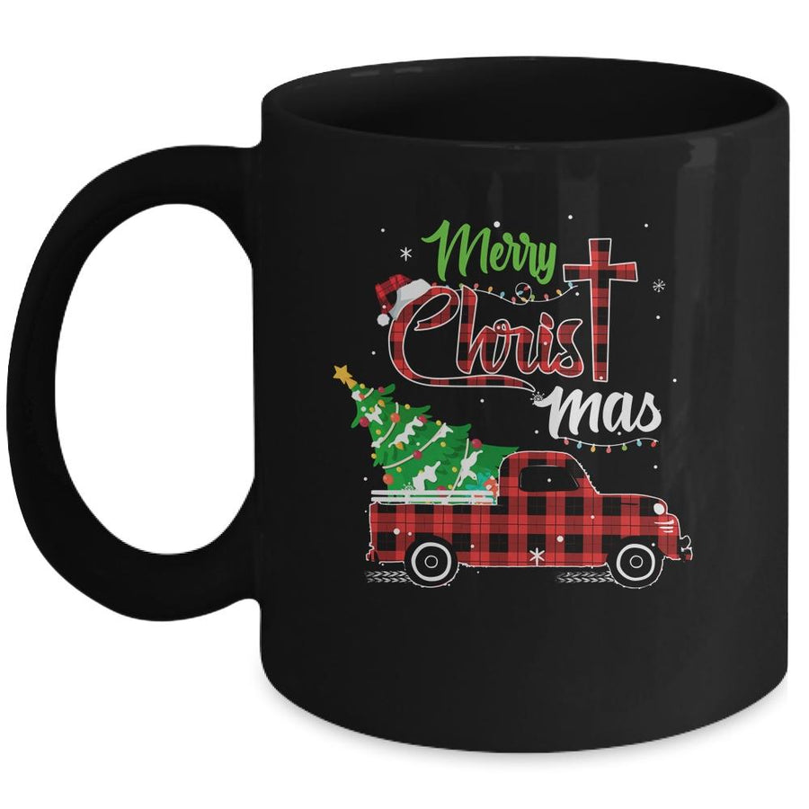 Merry Christmas Buffalo Plaid Red Truck Christian Cross Xmas Mug-Coffee Mug-Mug-Black