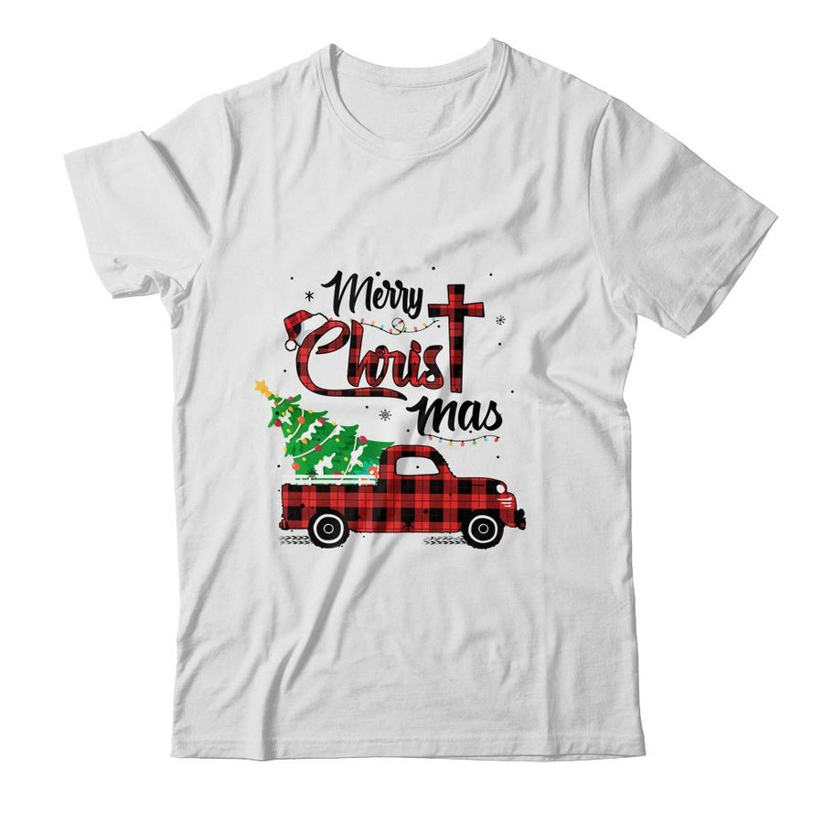 Merry Christmas Buffalo Red Plaid Truck Christian Cross Xmas-T-Shirt & Sweatshirt-Classic T-Shirt-White
