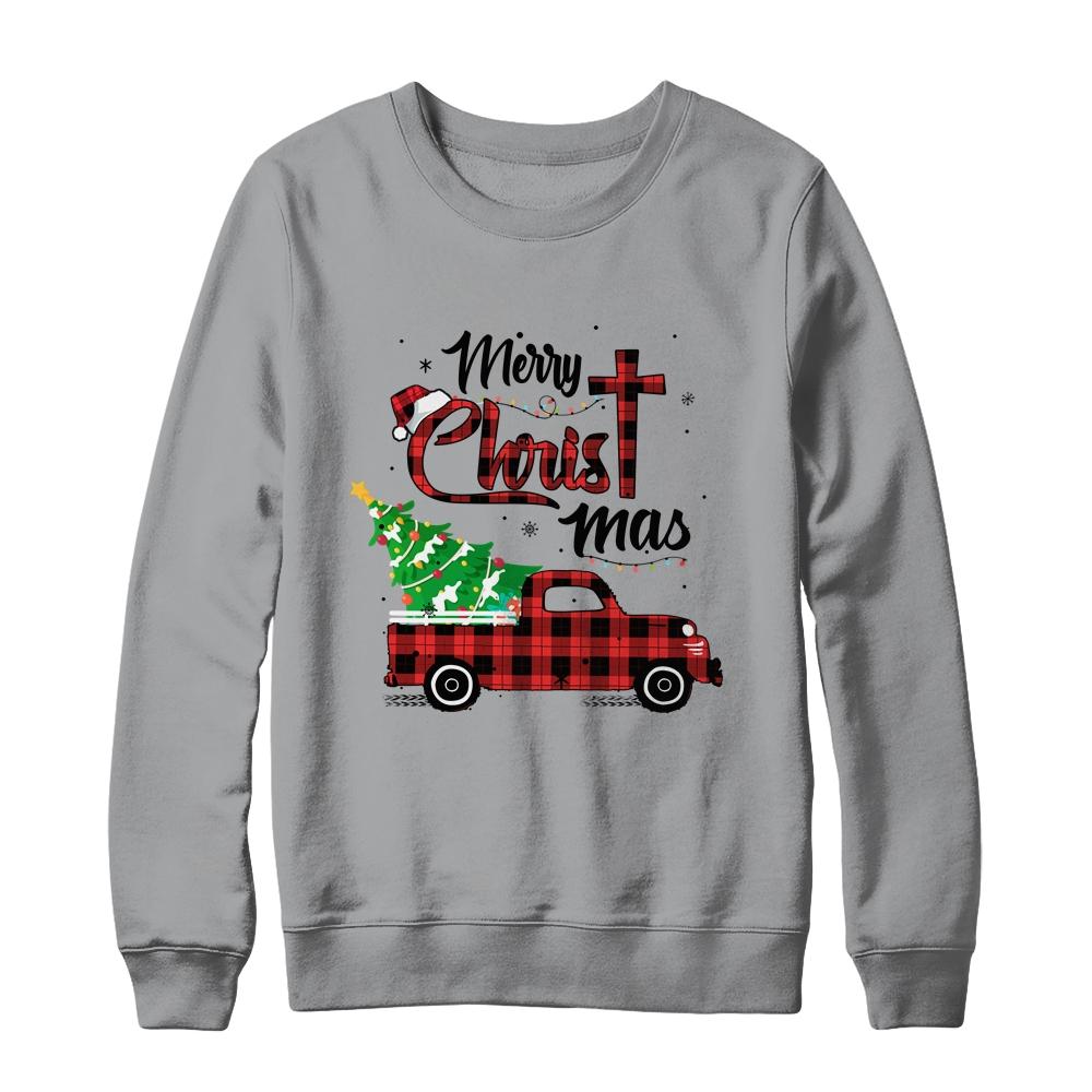 Merry Christmas Buffalo Red Plaid Truck Christian Cross Xmas-T-Shirt & Sweatshirt-Crewneck Sweatshirt-Sport Grey