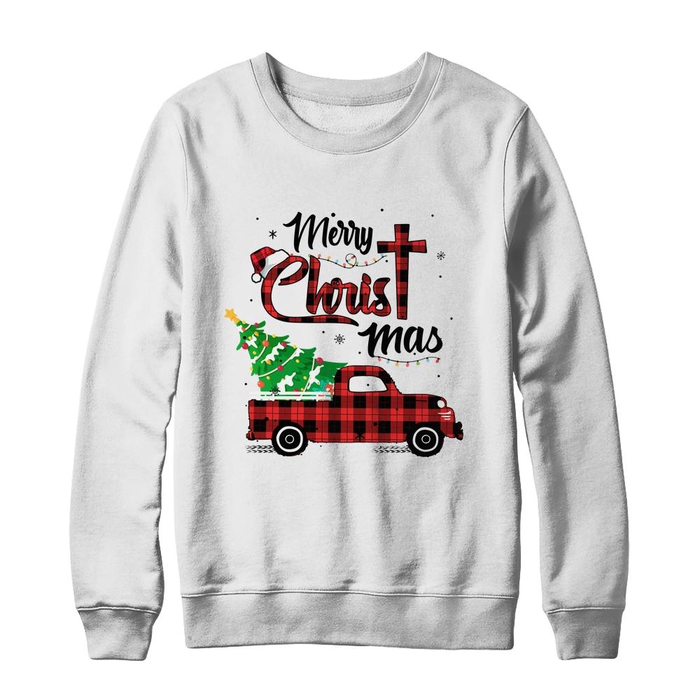 Merry Christmas Buffalo Red Plaid Truck Christian Cross Xmas-T-Shirt & Sweatshirt-Crewneck Sweatshirt-White