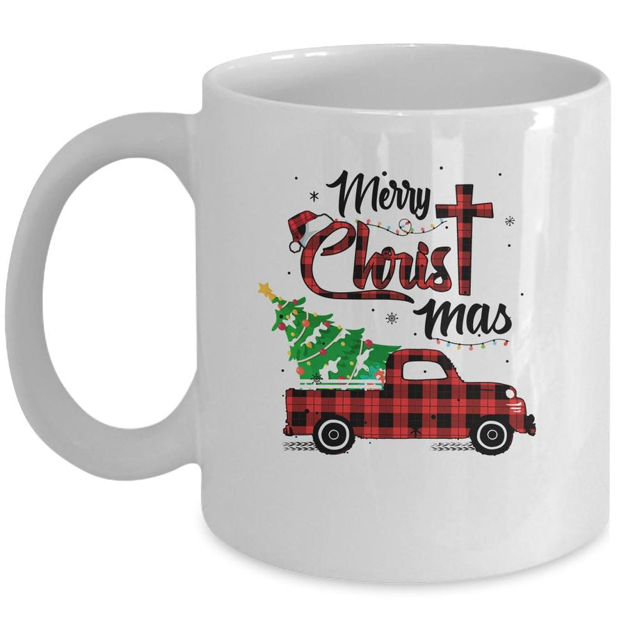 Merry Christmas Buffalo Red Plaid Truck Christian Cross Xmas Mug-Coffee Mug-Mug-White