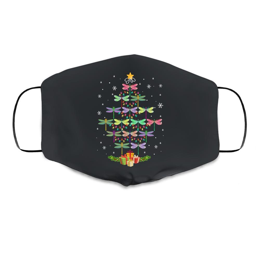 Merry Christmas Lover Xmas Dragonfly Christmas Tree Cloth Face Mask-Cloth Face Mask-Cloth Face Mask-Black