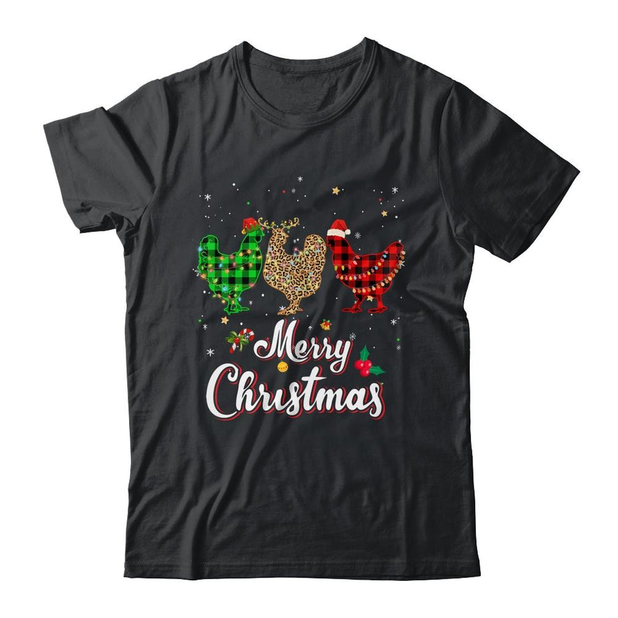 Merry Christmas Three Chicken Buffalo Leopard Red Plaid-T-Shirt & Sweatshirt-Classic T-Shirt-Black