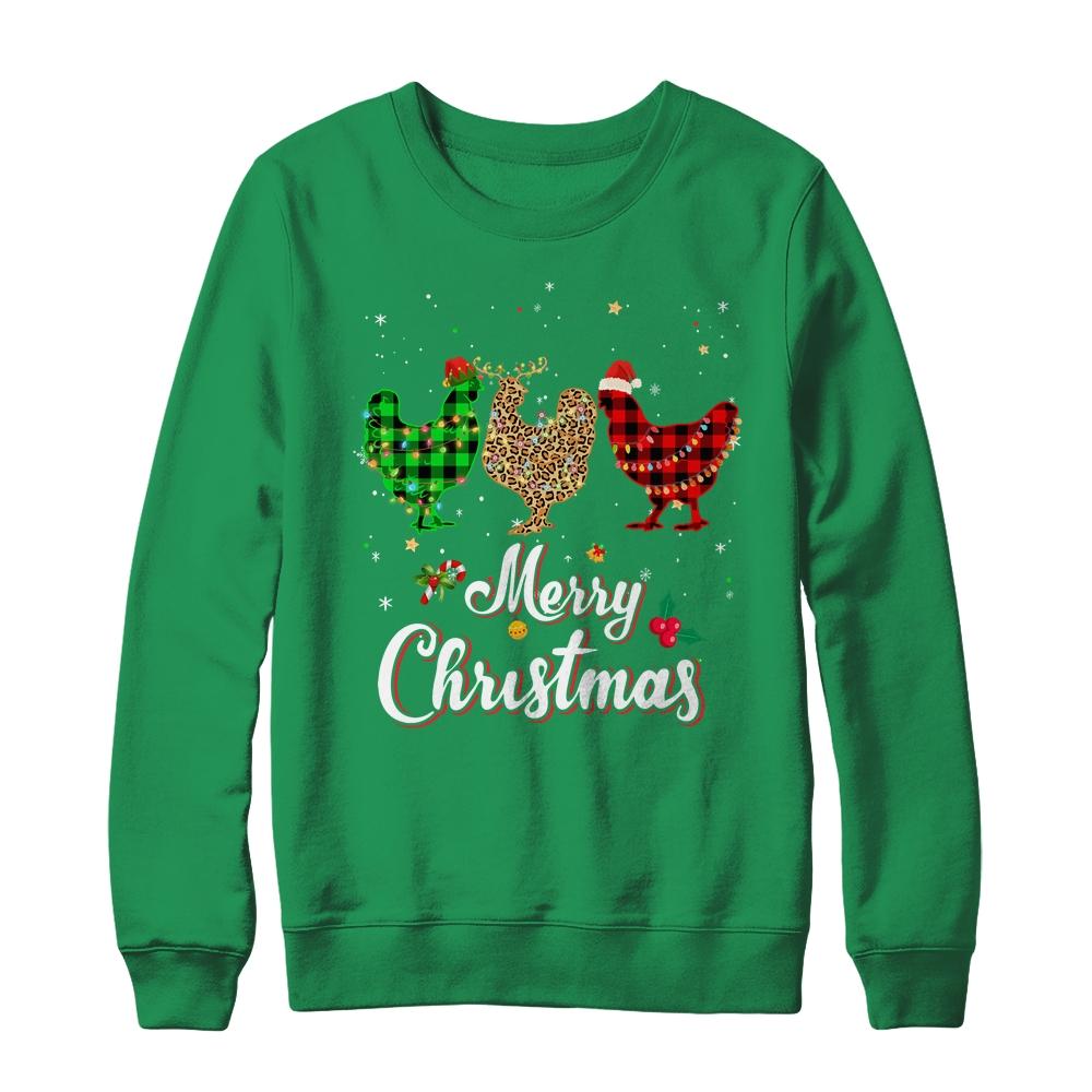 Merry Christmas Three Chicken Buffalo Leopard Red Plaid-T-Shirt & Sweatshirt-Crewneck Sweatshirt-Irish Green