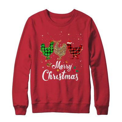 Merry Christmas Three Chicken Buffalo Leopard Red Plaid-T-Shirt & Sweatshirt-Crewneck Sweatshirt-Red