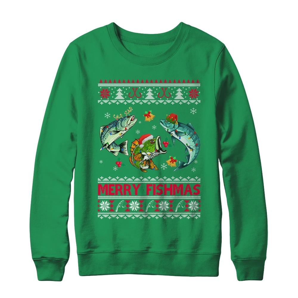 Merry Fishmas Funny Fishing Christmas Ugly Sweater Fish Xmas-T-Shirt & Sweatshirt-Crewneck Sweatshirt-Irish Green