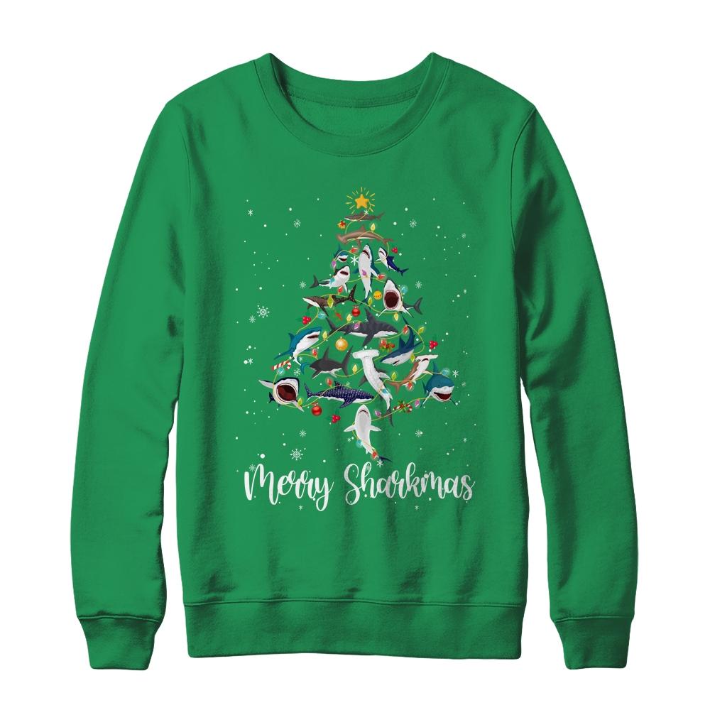 Merry Sharkmas Funny Shark Christmas Tree-T-Shirt & Sweatshirt-Crewneck Sweatshirt-Irish Green