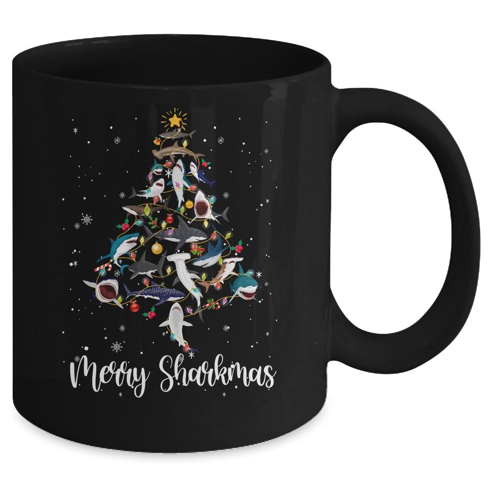 Merry Sharkmas Funny Shark Christmas Tree Mug-Coffee Mug-Mug-Black