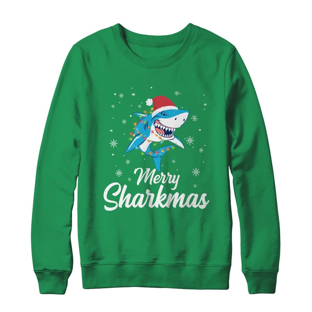 Merry Sharkmas Santa Christmas Sharks Lover Gift-T-Shirt & Sweatshirt-Crewneck Sweatshirt-Irish Green