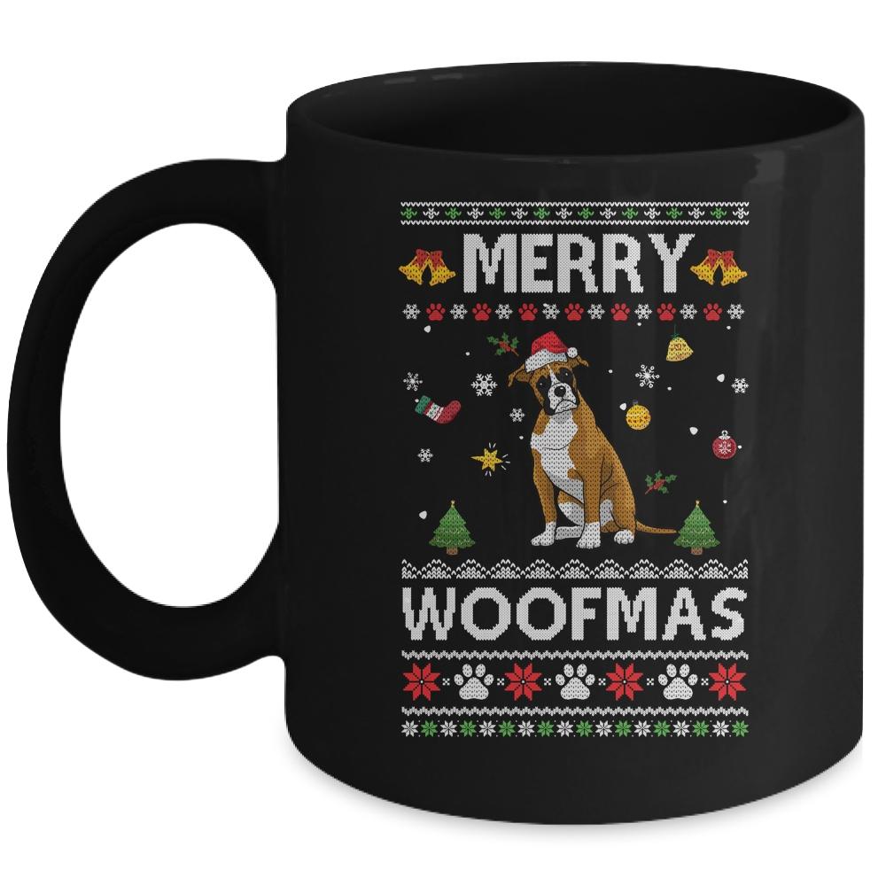 Merry Woofmas Boxer Santa Reindeer Ugly Christmas Sweater Mug-Coffee Mug-Mug-Black