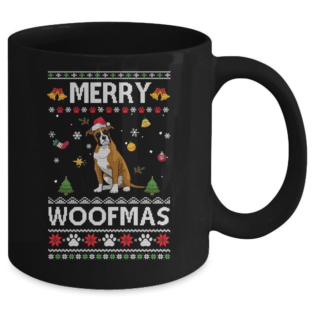 Merry Woofmas Boxer Santa Reindeer Ugly Christmas Sweater Mug-Coffee Mug-Mug-Black