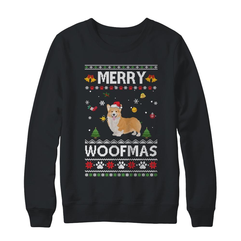 Merry Woofmas Corgi Santa Reindeer Ugly Christmas Sweater-T-Shirt & Sweatshirt-Crewneck Sweatshirt-Black