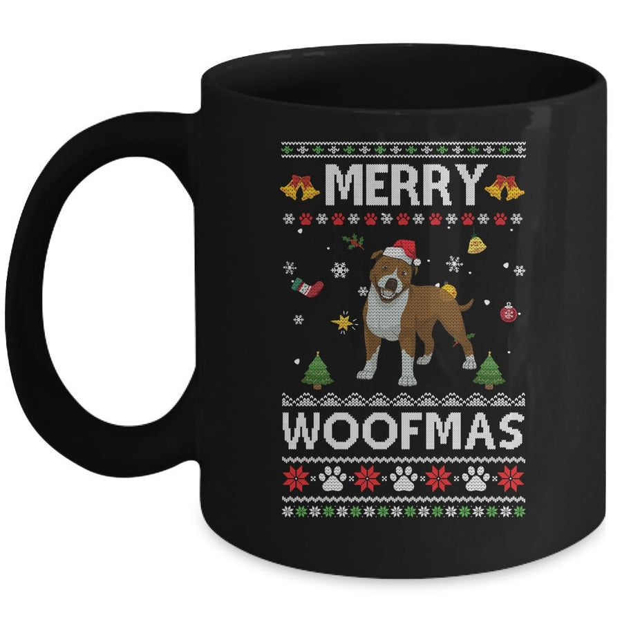Merry Woofmas Pitbull Santa Reindeer Ugly Christmas Sweater Mug-Coffee Mug-Mug-Black