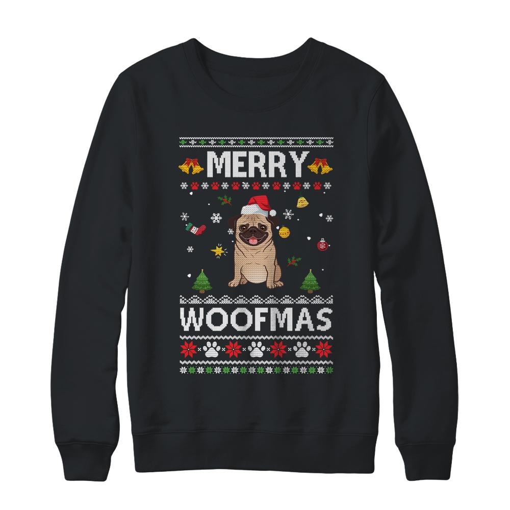 Merry Woofmas Pug Santa Reindeer Ugly Christmas Sweater-T-Shirt & Sweatshirt-Crewneck Sweatshirt-Black