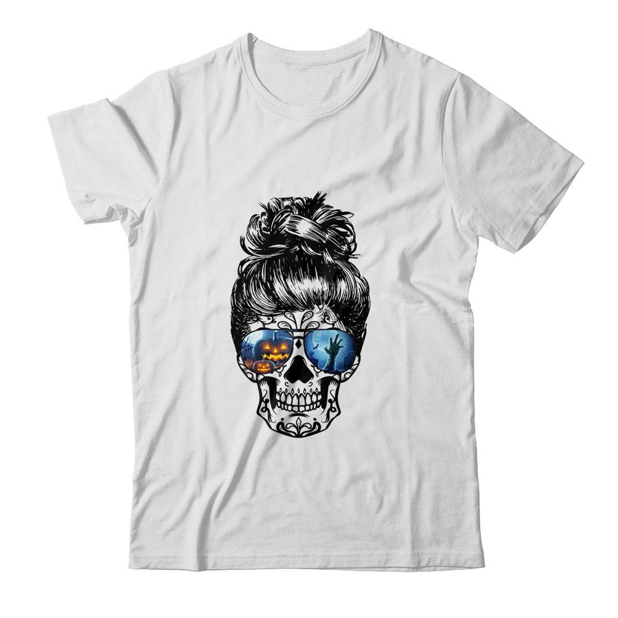 Messy Bun Skull Leopard Print Pumpkin Halloween Costume-T-Shirt & Tank Top-Classic T-Shirt-White