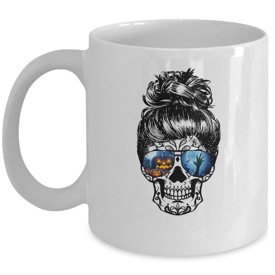 Messy Bun Skull Leopard Print Pumpkin Halloween Costume Mug-Coffee Mug-Mug-White
